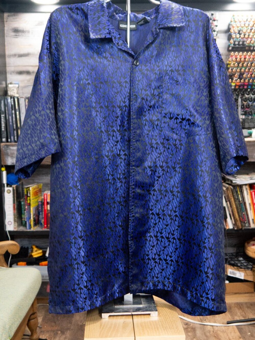 Vintage 2001 ODO Blue Black Flame Shirt XL Y2K Rayon Jacquard Button Up